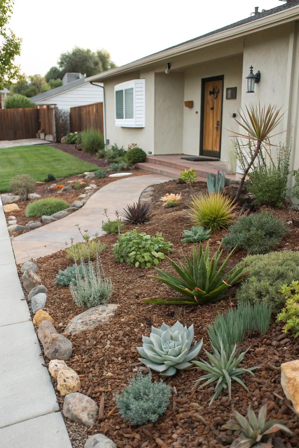 Mulch keeps in moisture and stops weed growth, enhancing the xeriscape garden.