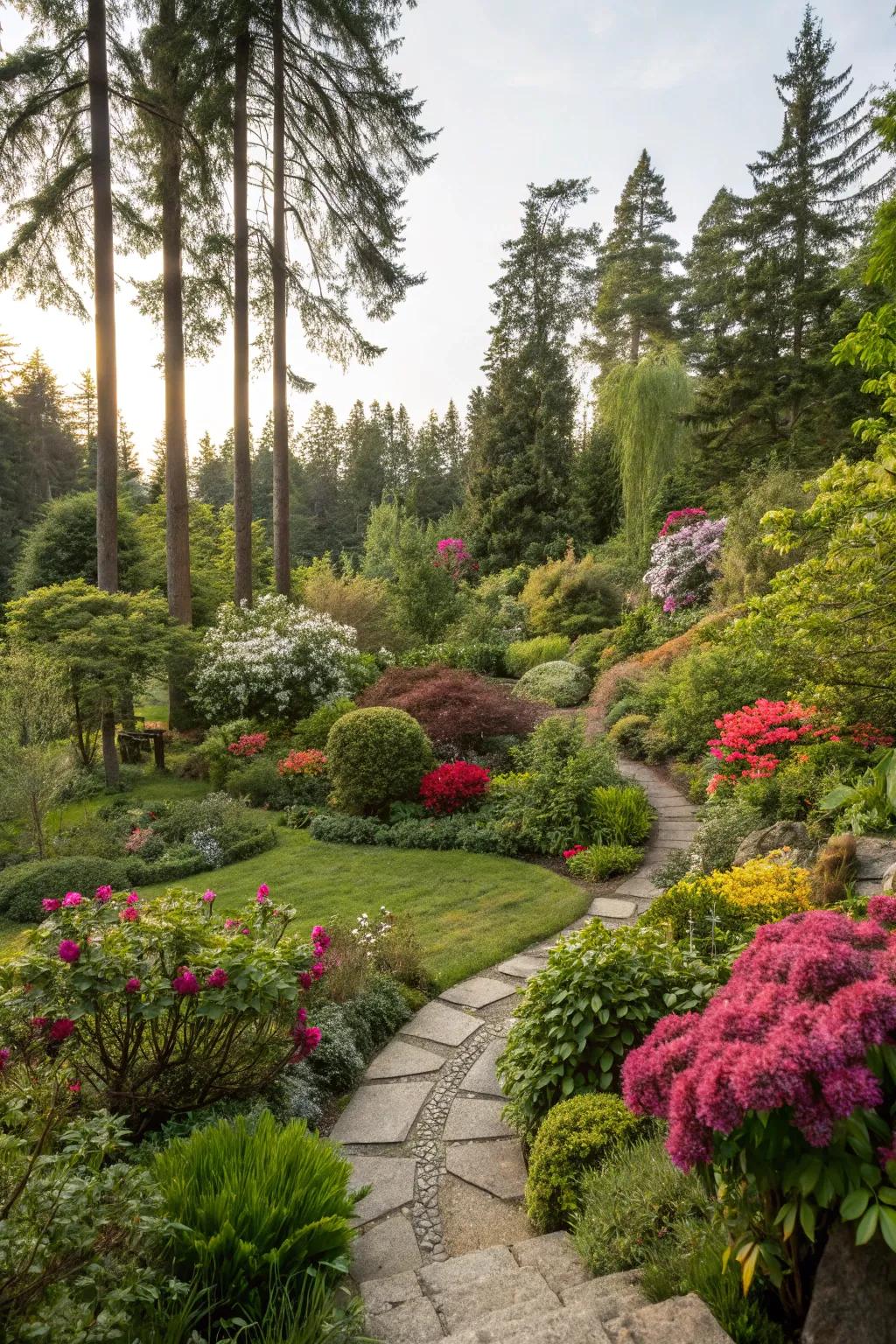 A lush garden showcasing a mix of native and exotic plants.