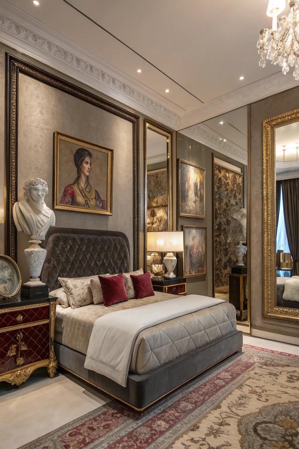 A luxurious bedroom enhanced with creative accents like artwork and statues.