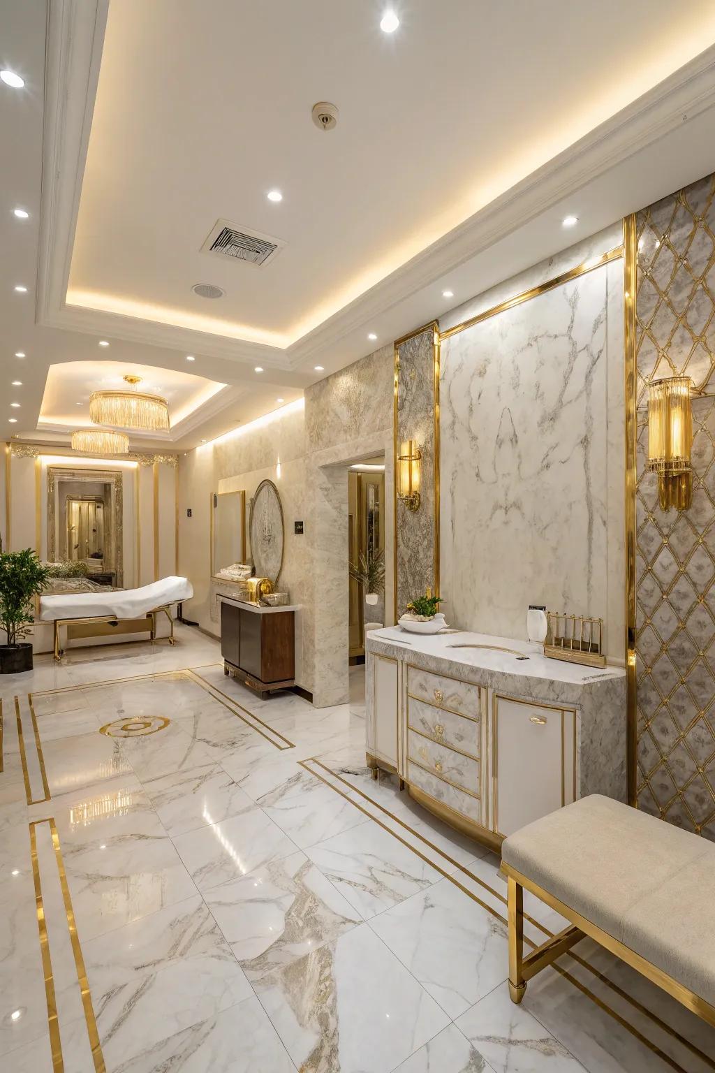 Luxury shines through with polished stone and shining accents.