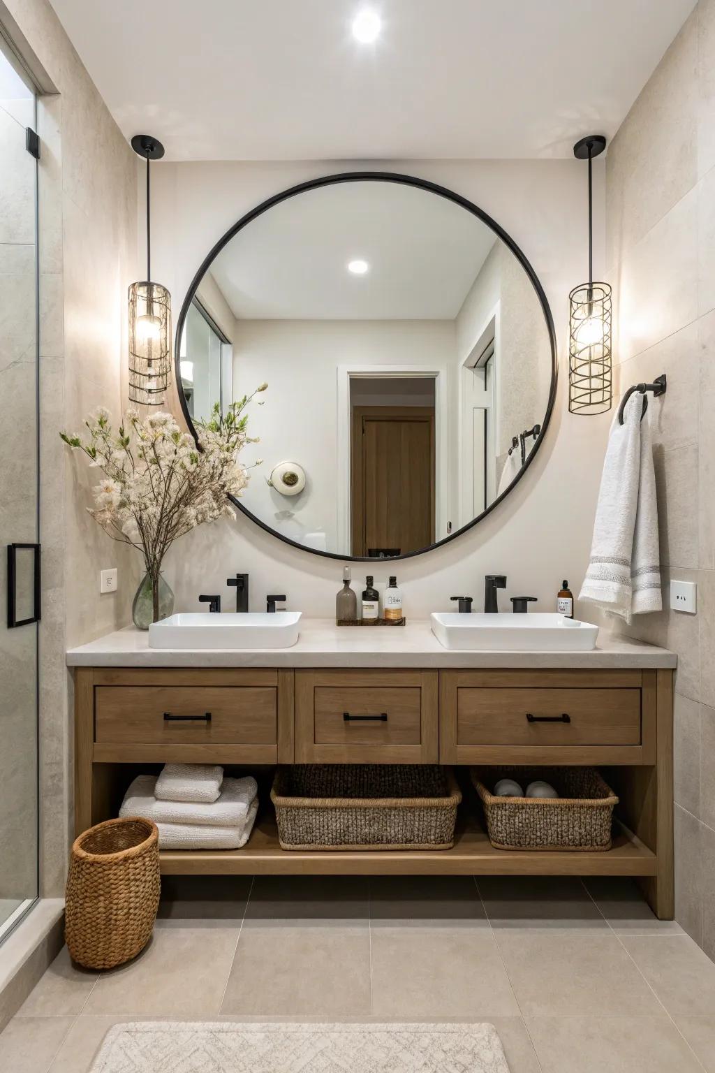 An oversized mirror enhancing the space in a modern bathroom.