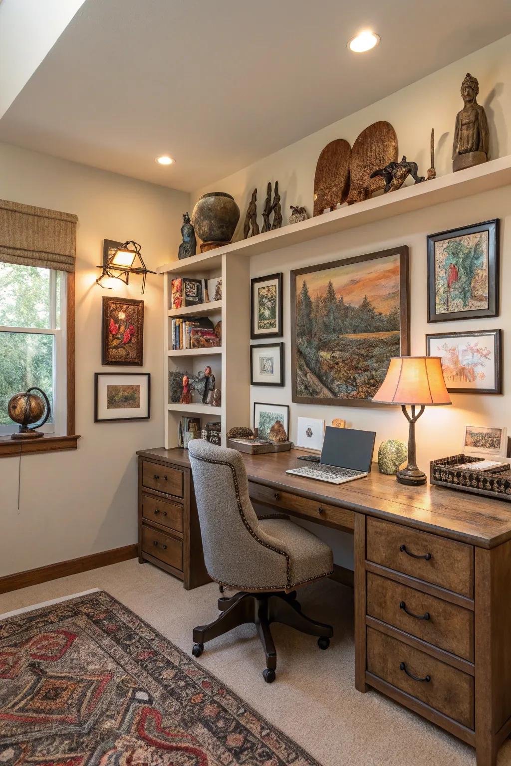 A personalized home office adorned with art and decor.