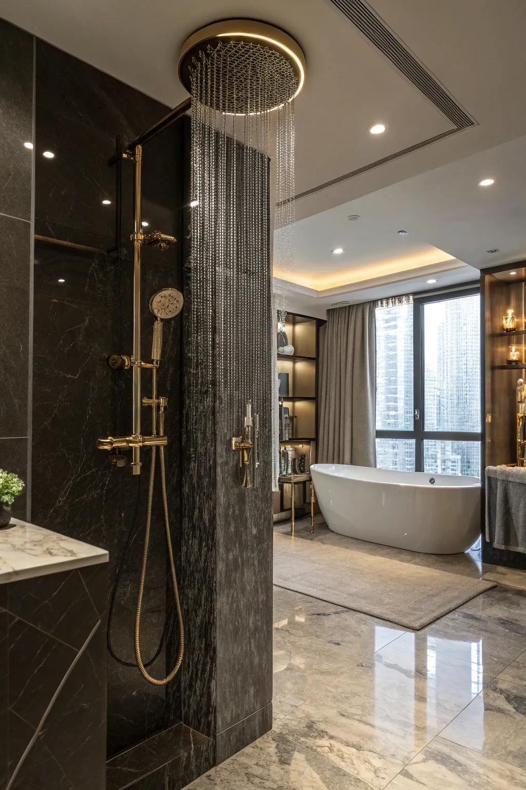 A luxurious bathroom featuring superior quality fittings, including a rainfall shower.