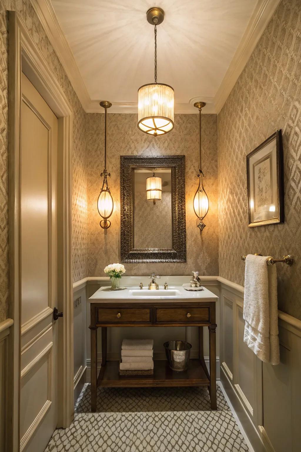 Soft lighting enhances the ambiance of this lavish powder room.