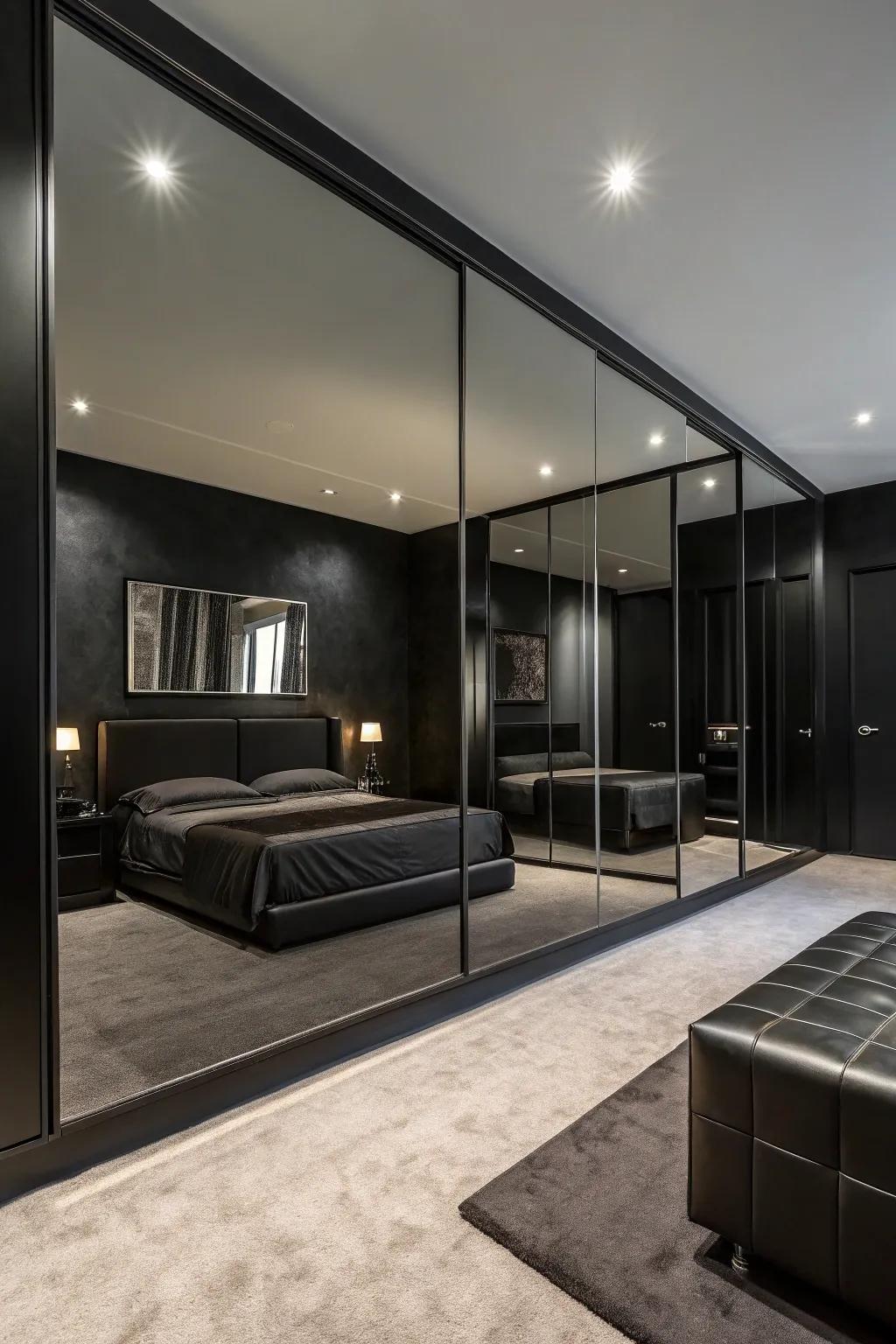 Big mirrors amplify space and reflect light in this chic onyx bedroom.