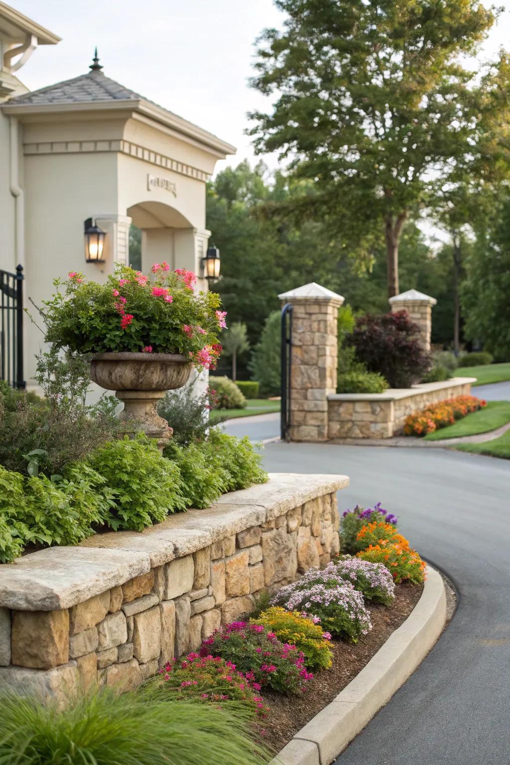 Natural stone features elevating the entrance.