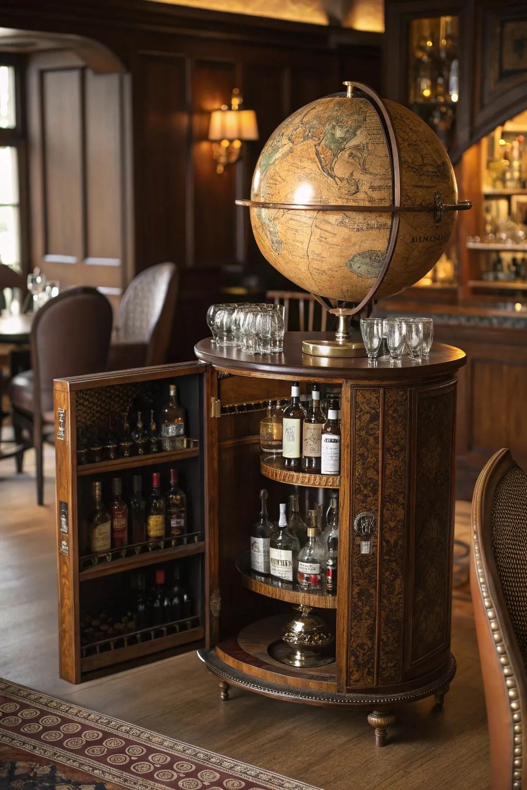 A vintage globe bar serves as a stylish and functional centerpiece.