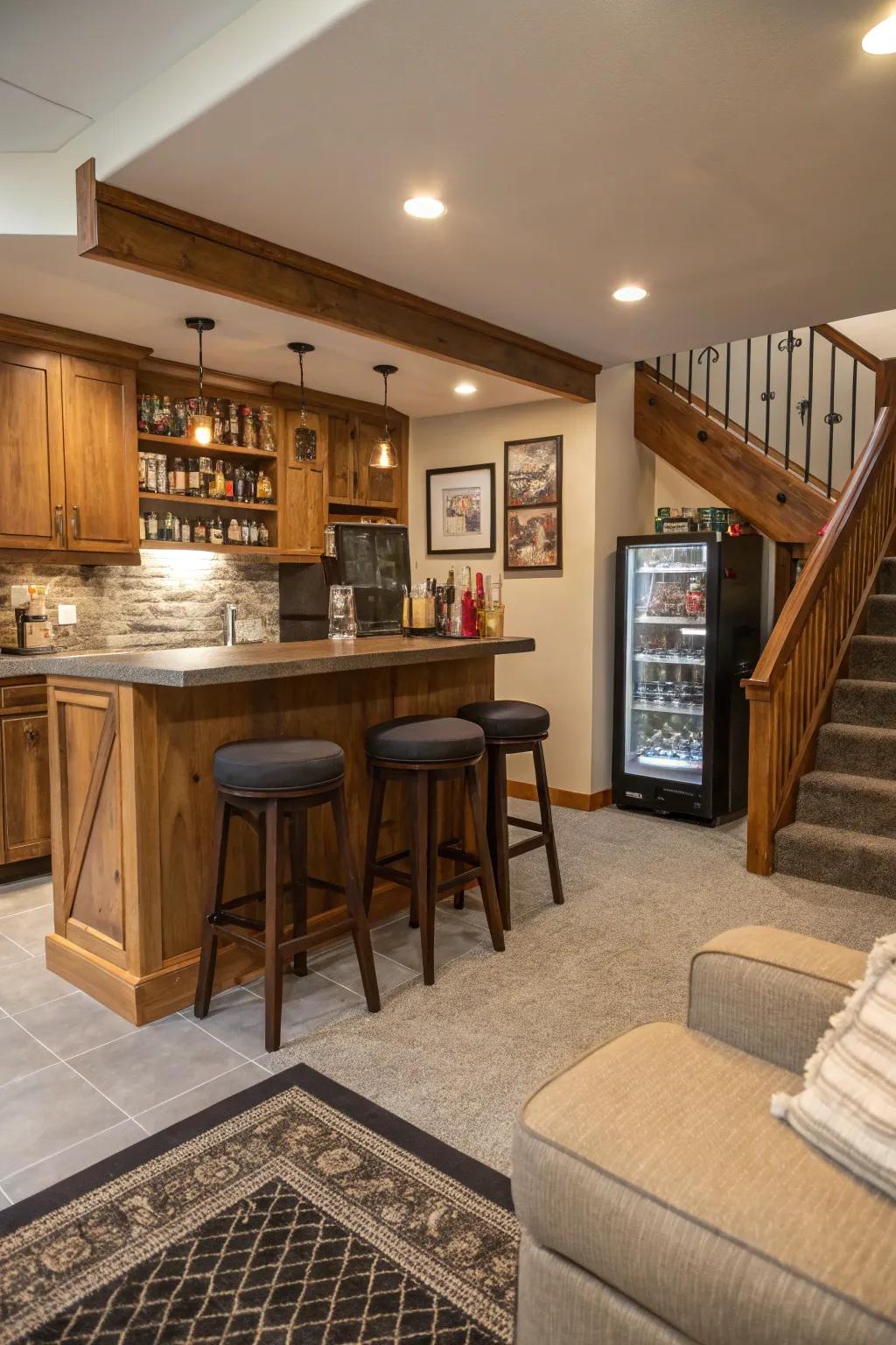 A sophisticated bar area perfect for entertaining in a man cave.