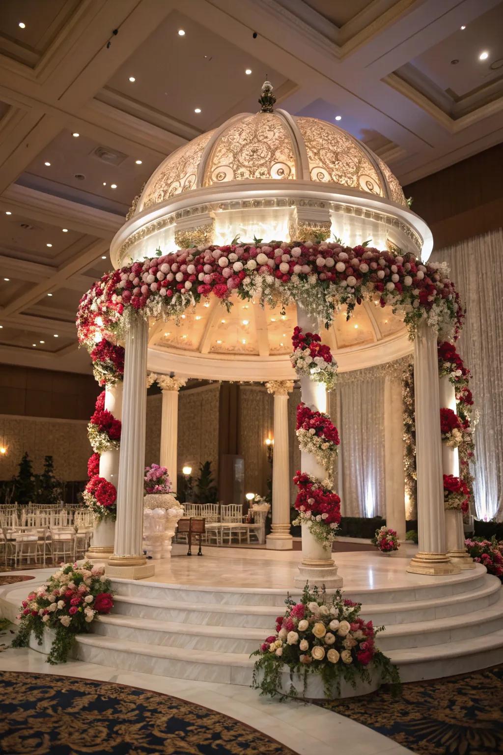 A lavish blossom cupola altar establishes a captivating centerpiece.