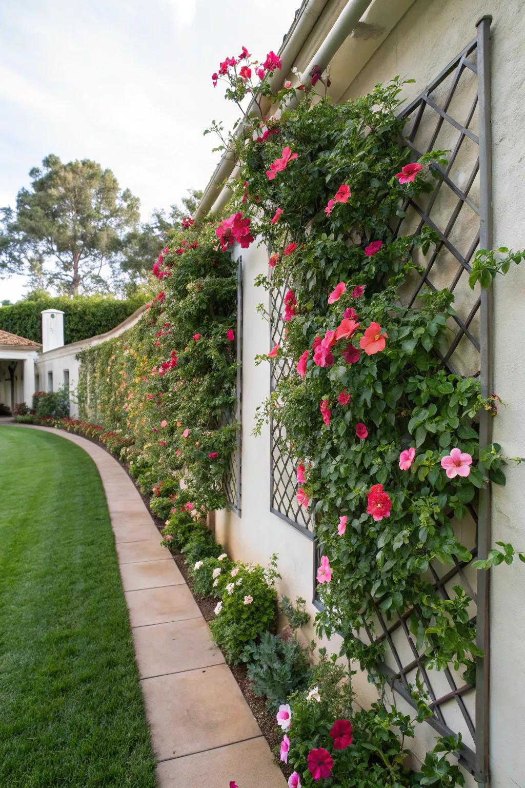 A wall-mounted framework with blushing trumpet vine alters a simple wall into a lively spectacle.