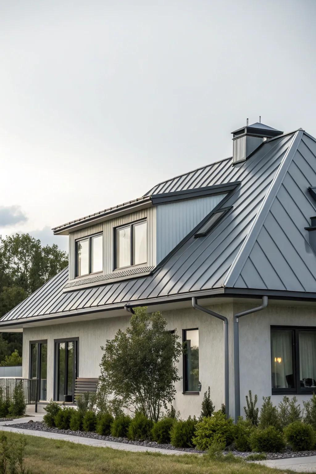 Profiled metal roofing adds a contemporary sophistication to this mansard roof.