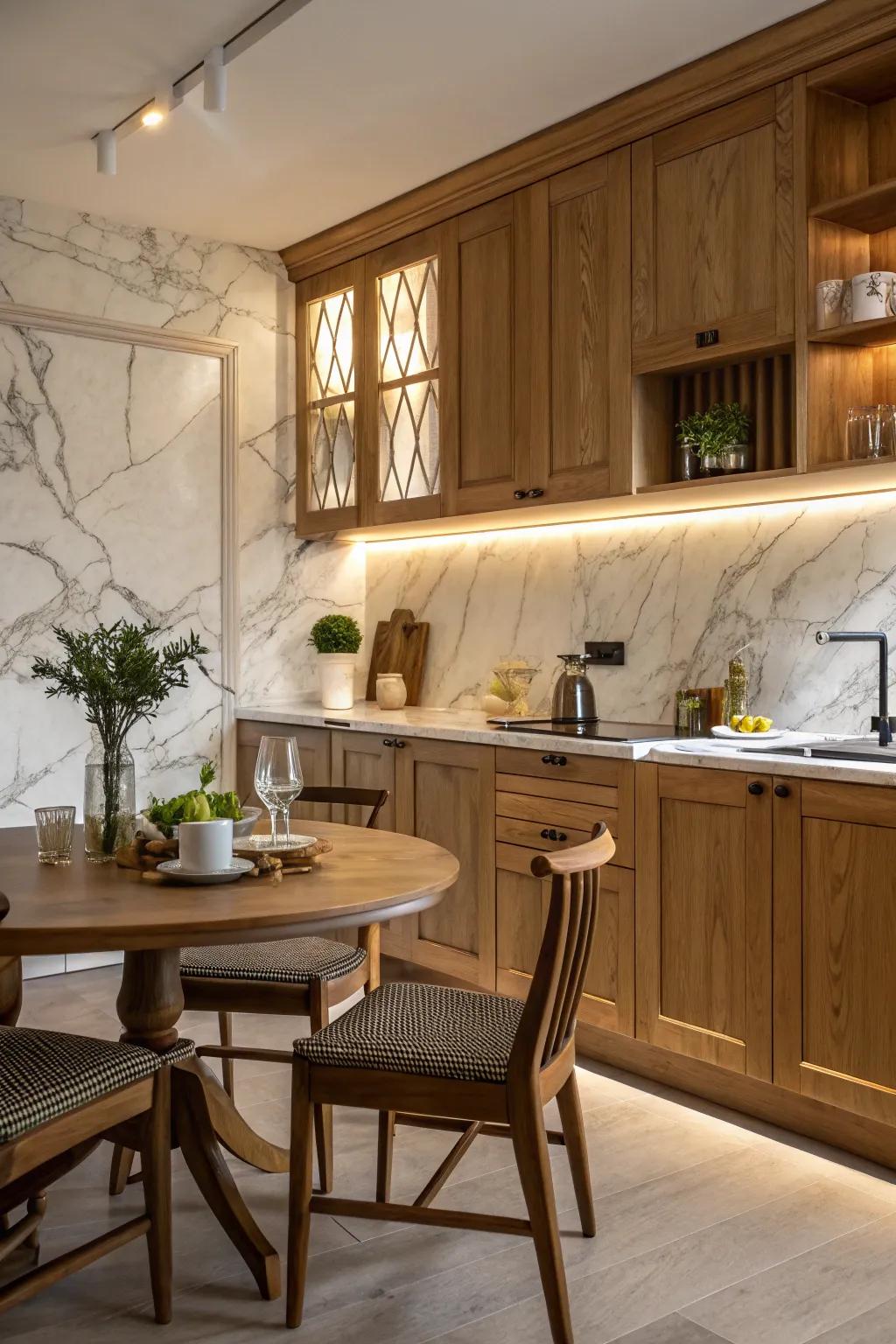A unified mix of marble and timber fosters a snug kitchen ambiance.