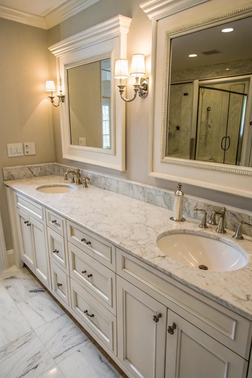 Paired sink stations balance form and function with a stone ledge.