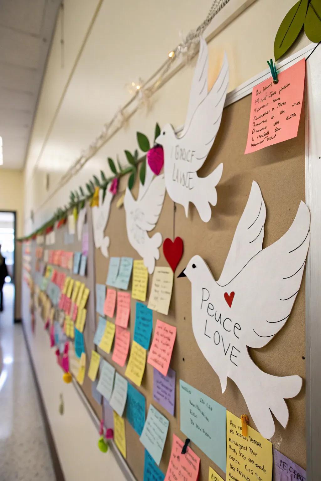 Peace doves with heartfelt messages decorate this thoughtful MLK tribute board.