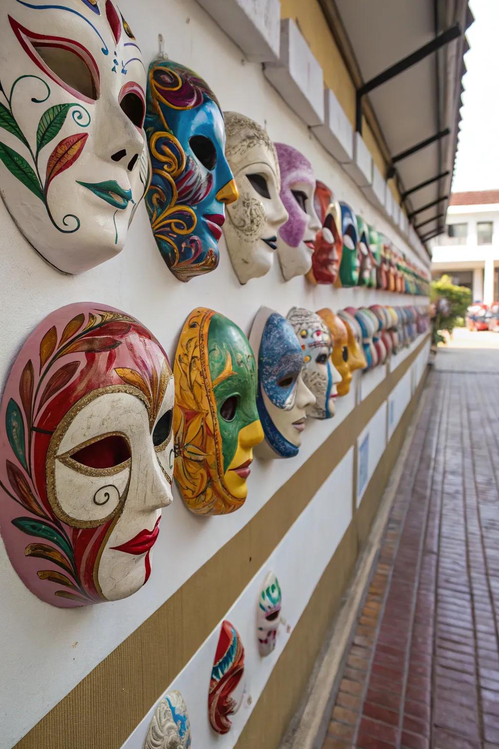 A theme-centered assortment of masks imparts a harmonious aesthetic.