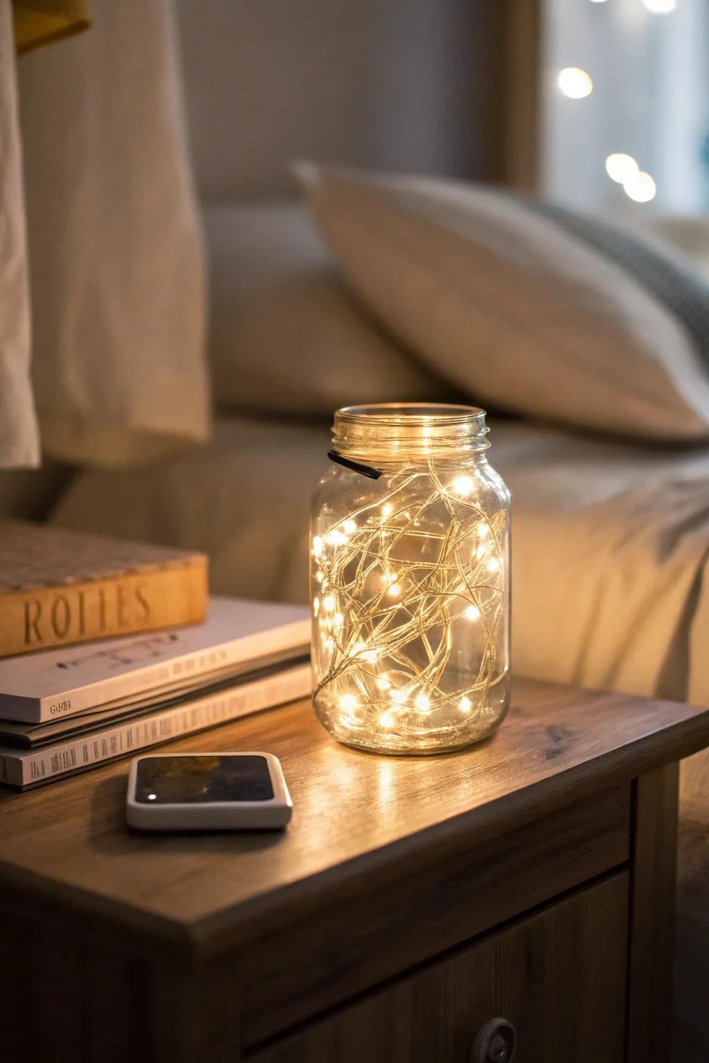 Appealing shimmer emanating from mason jar pixie illuminations.