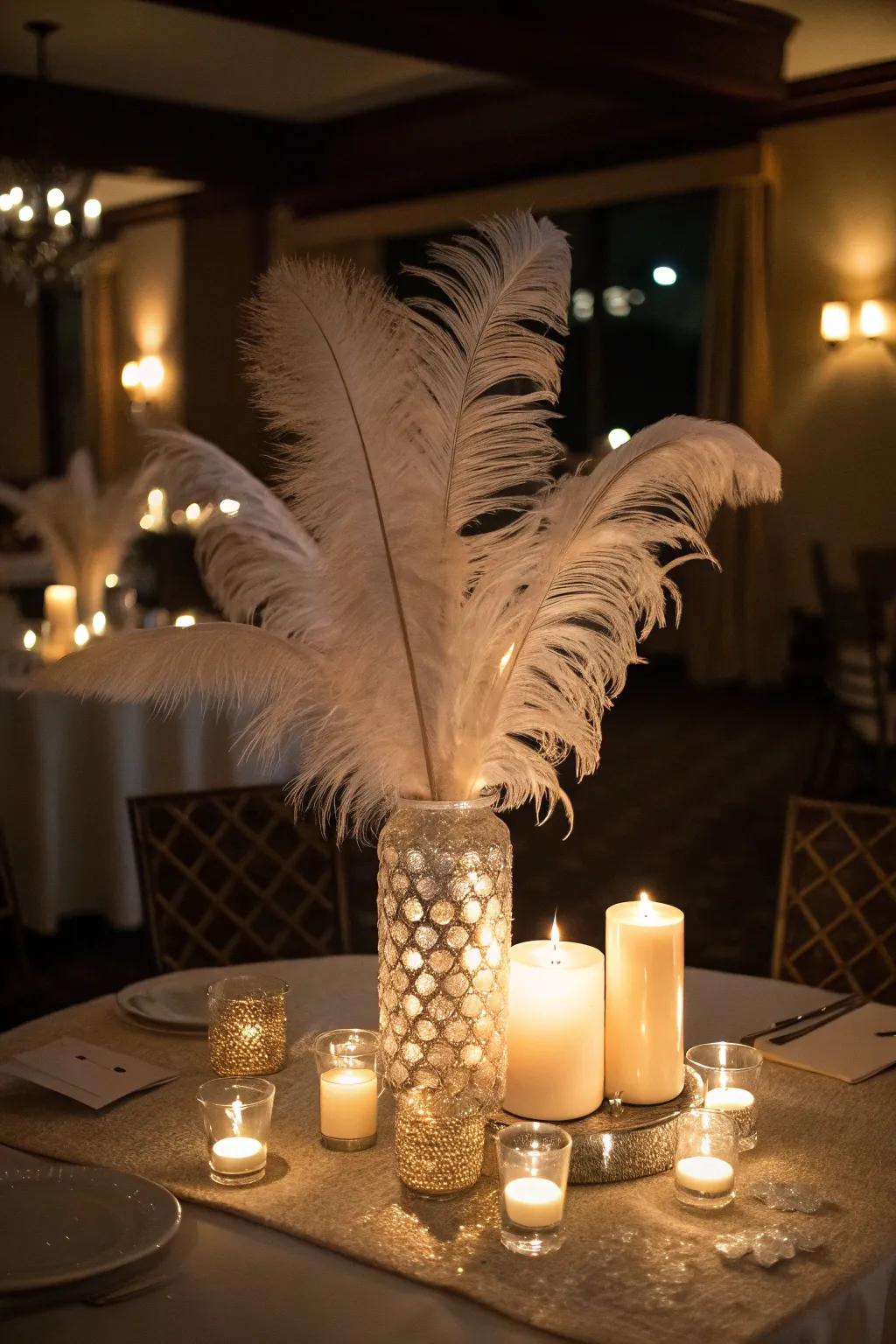 Striking centerpieces enhancing the masquerade theme.