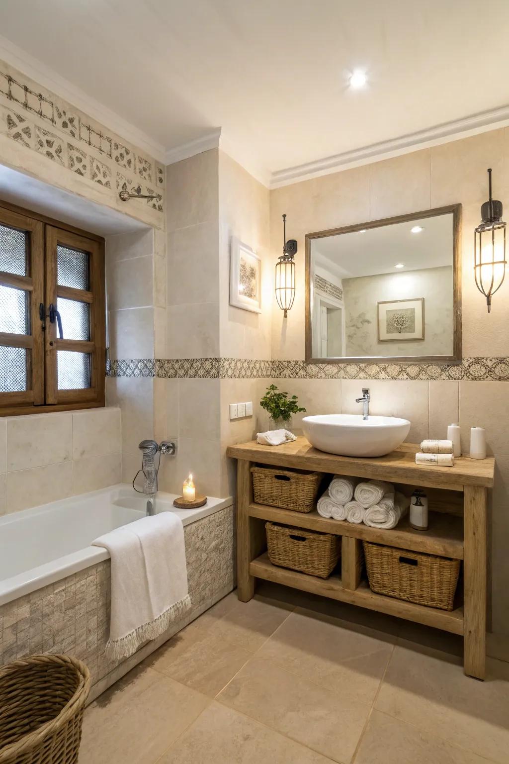 Serene bathroom showcasing an understated shade scheme combined with minimalist decorations.