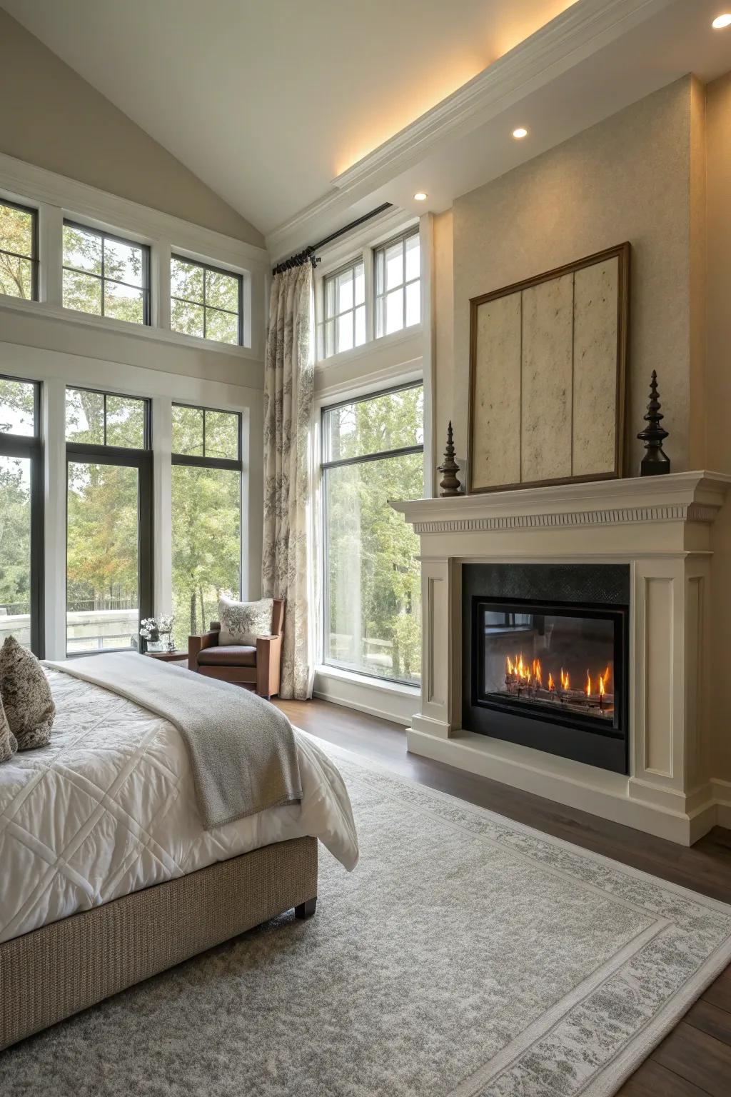 The electric fireplace's warmth is beautifully complemented by natural light in this bright bedroom.