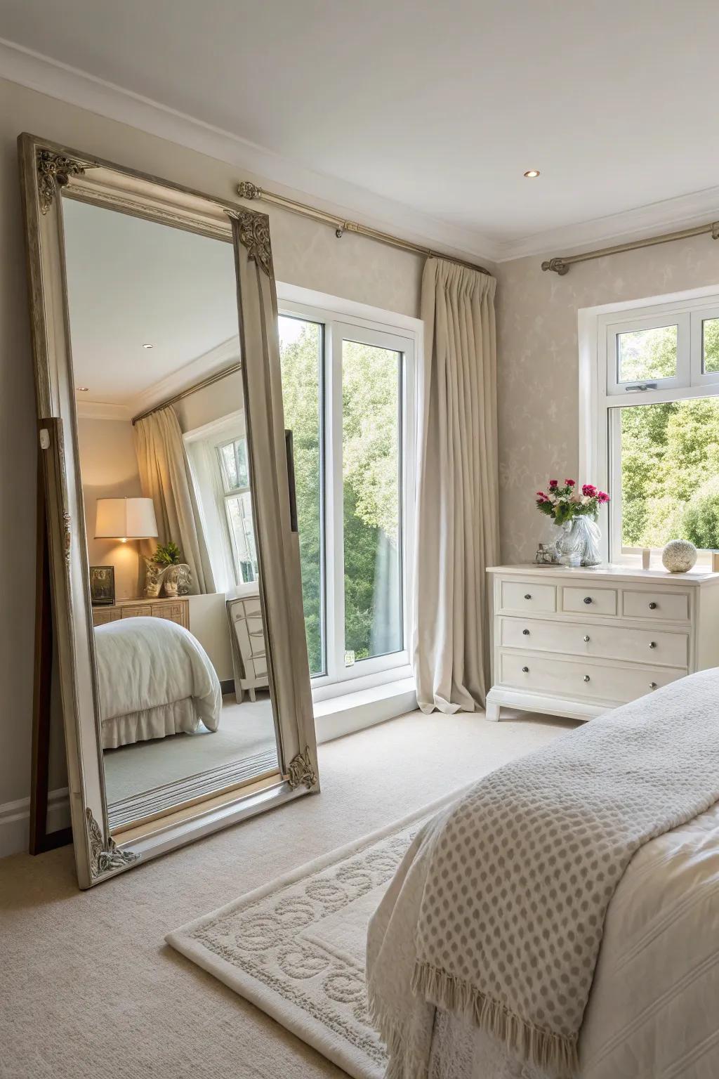 Mirrors enhance both light and perceived space in a master bedroom.