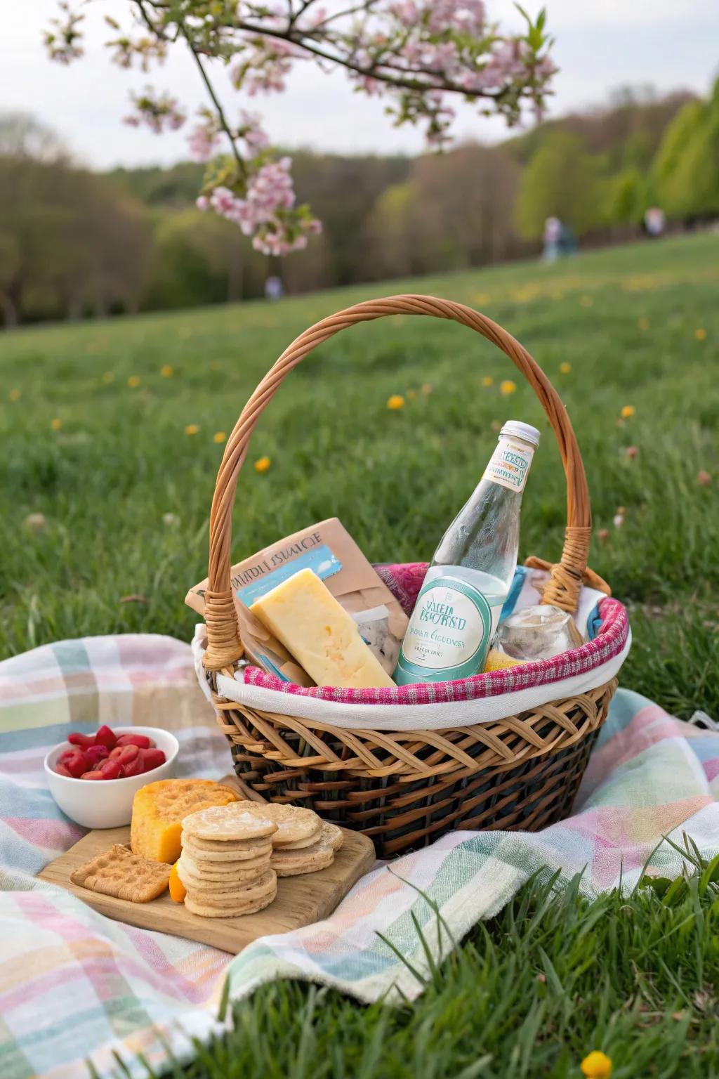 A delightful picnic arrangement presented in a charming May basket.