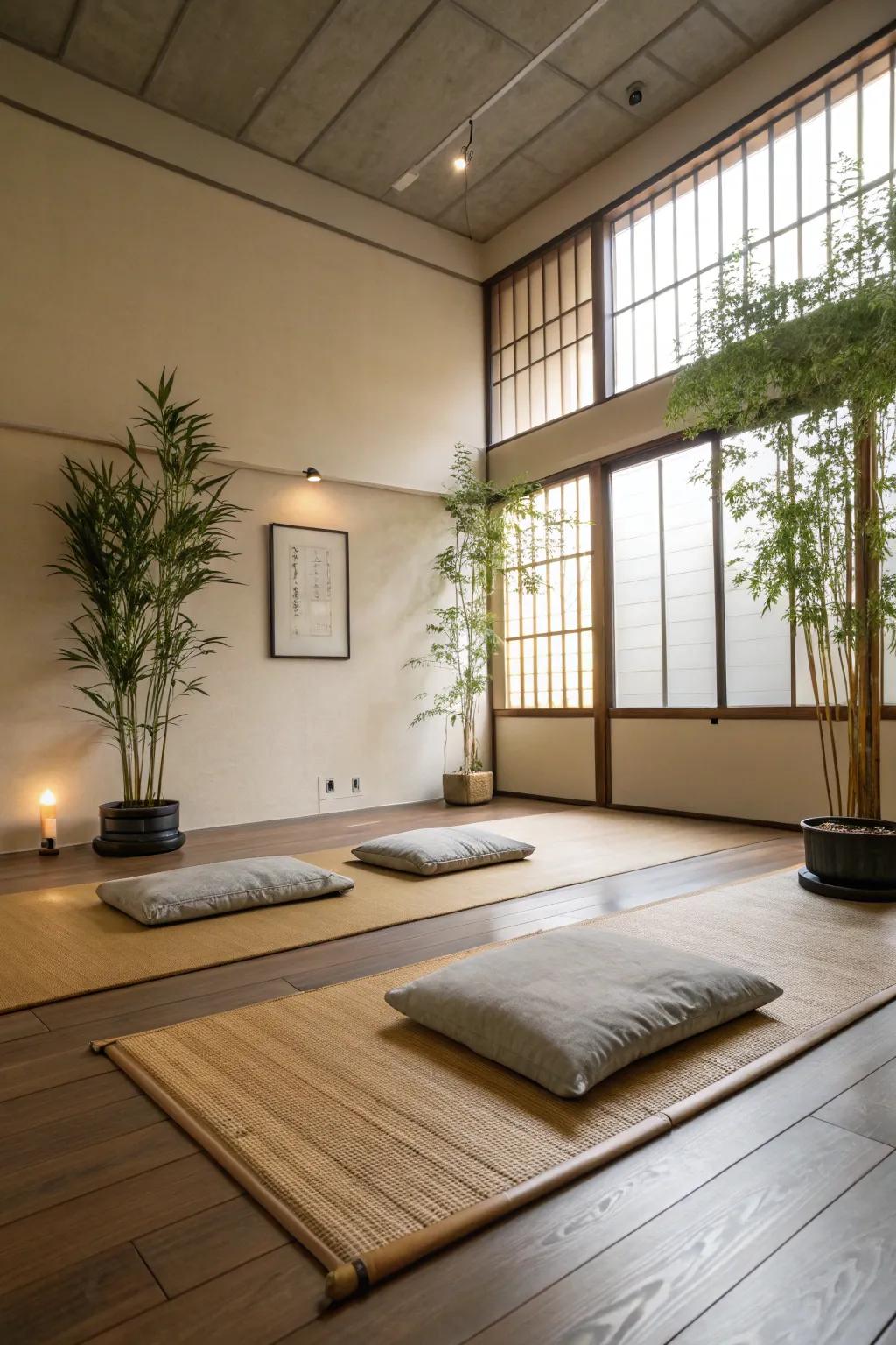 A clutter-free meditation space is facilitated by minimalist decor.