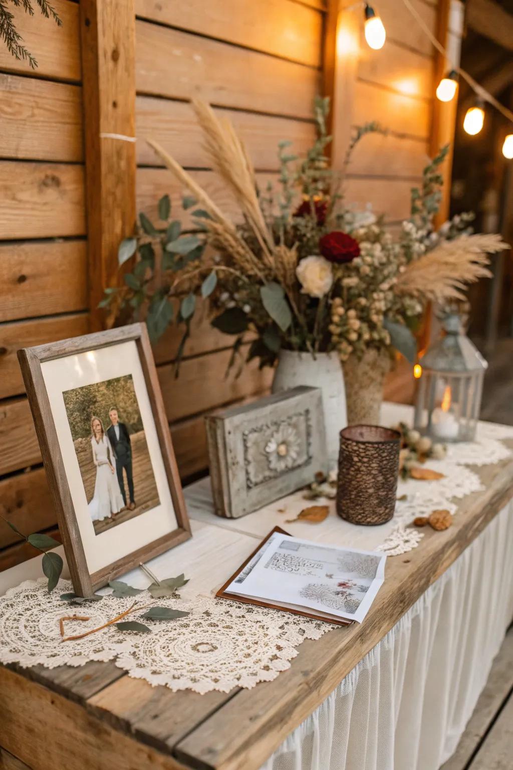 An earthy timber backdrop introduces warmth and charm to a remembrance setting.