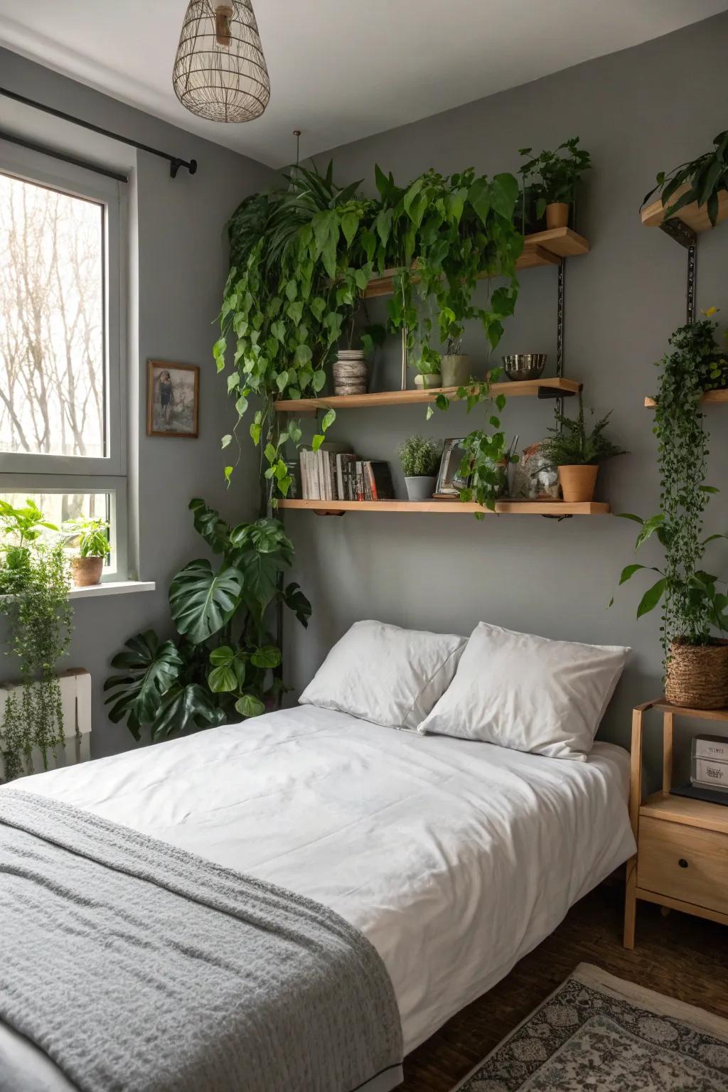 Verdure adds a refreshing accent to the polished grey bedroom.