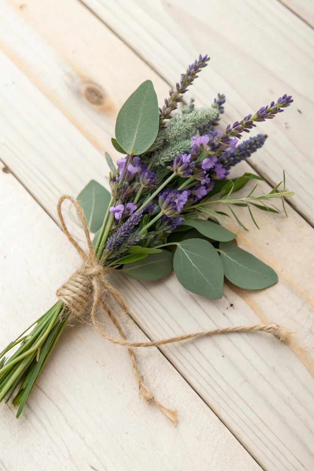 Violet and eucalyptus craft an invigorating and fragrant boutonniere.