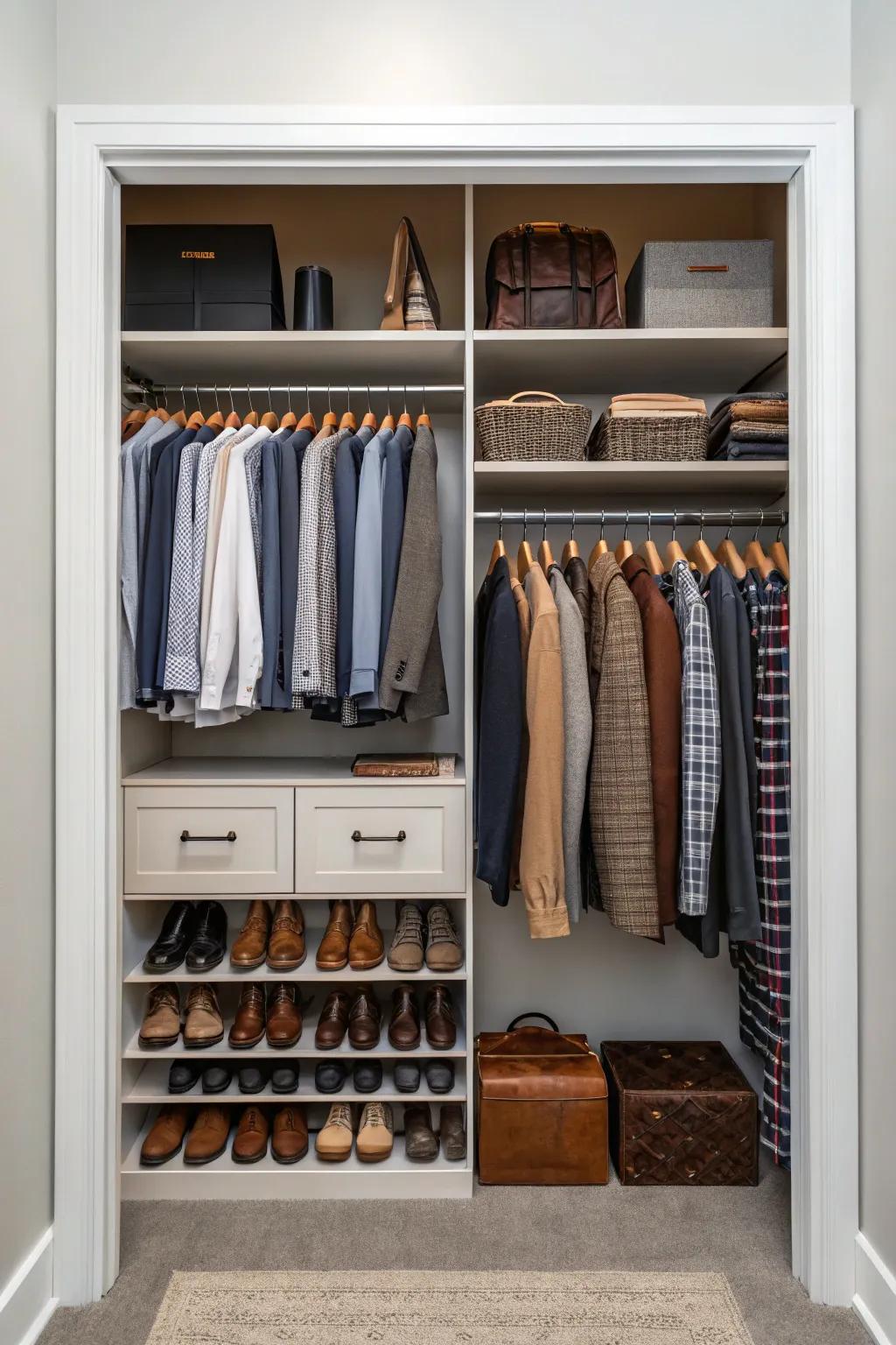 Creative use of vertical area for additional storage in a men’s closet.
