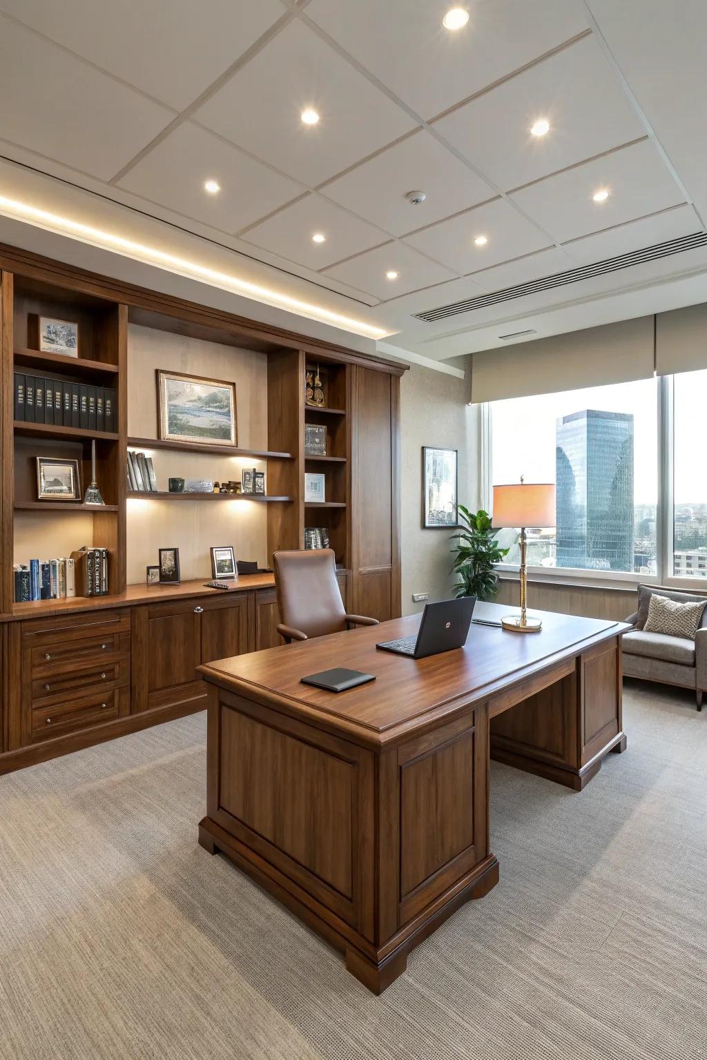 A prominent desk anchors the room and defines your workspace.