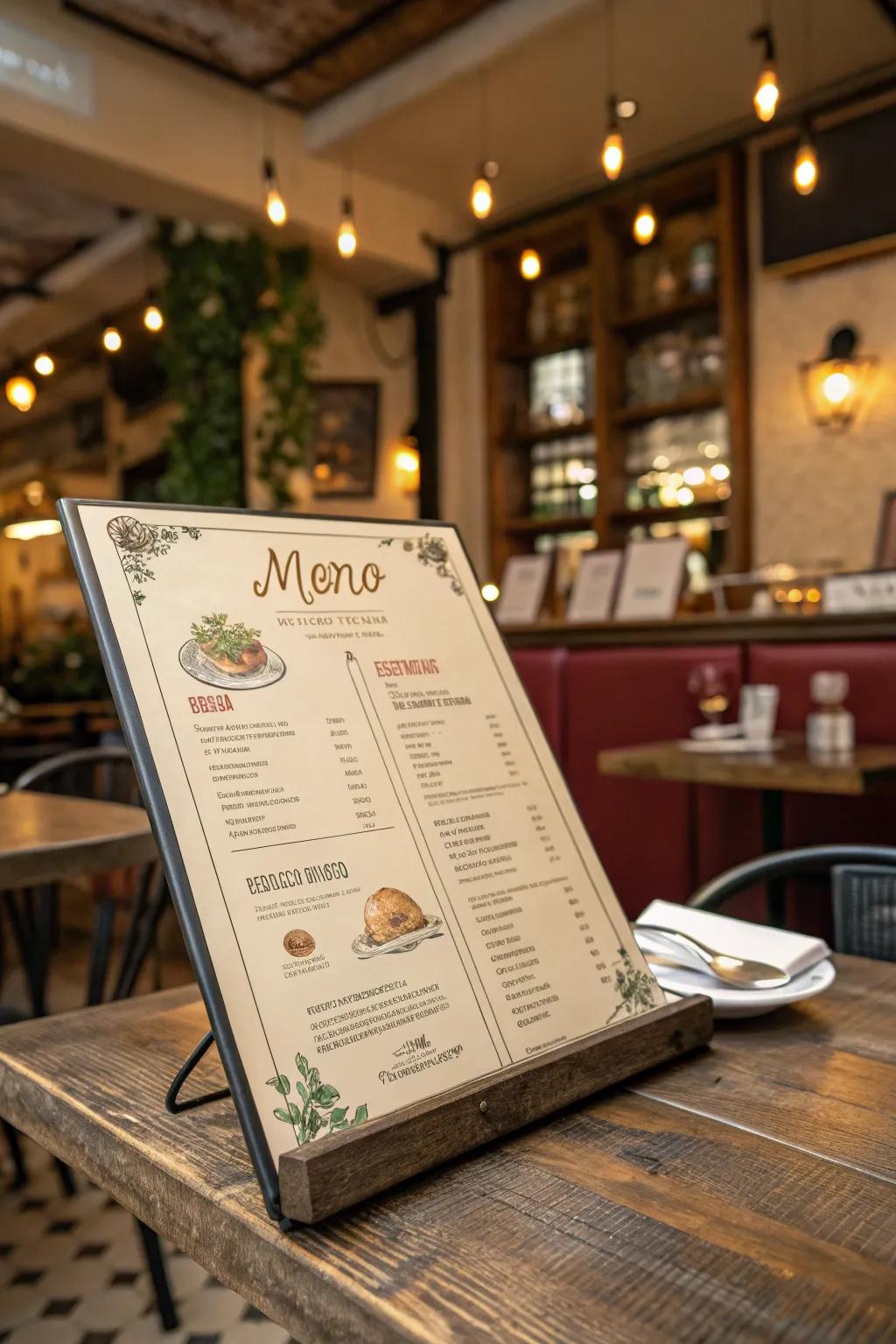 Integrating the theme connects the menu to the restaurant's identity.