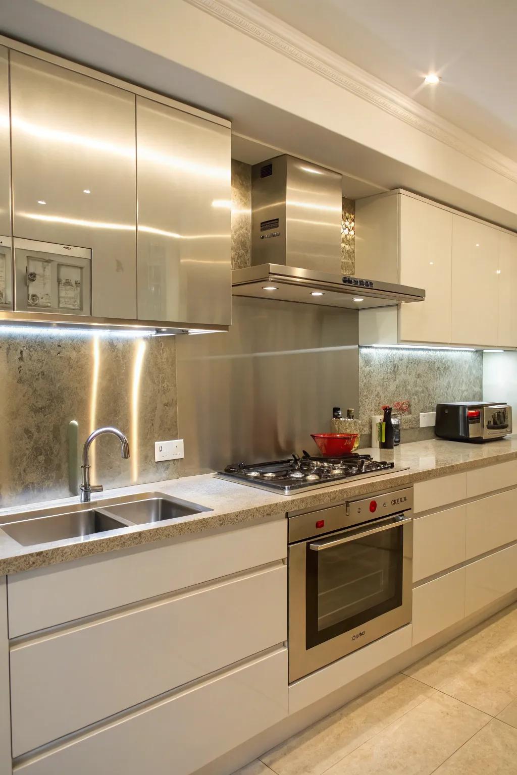 A kitchen featuring a seamless mirror-like metal sheet backsplash.