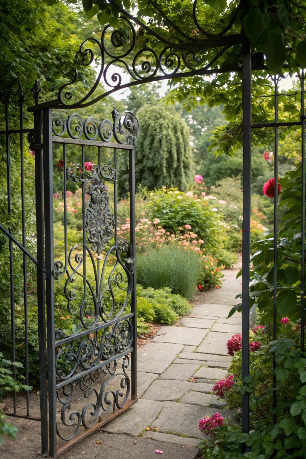 An elegant metal gate with elaborate scrollwork that radiates ageless allure.
