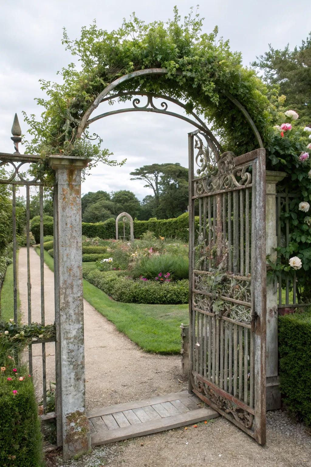 An arched gate accompanied by an arbor conveys an air of grandeur.