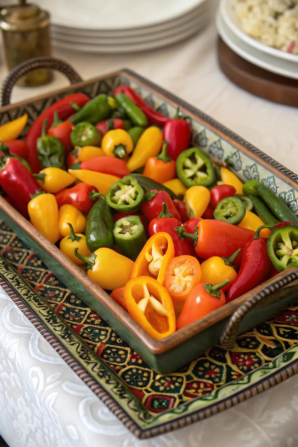 Rainbow of peppers introduces crunch and color.