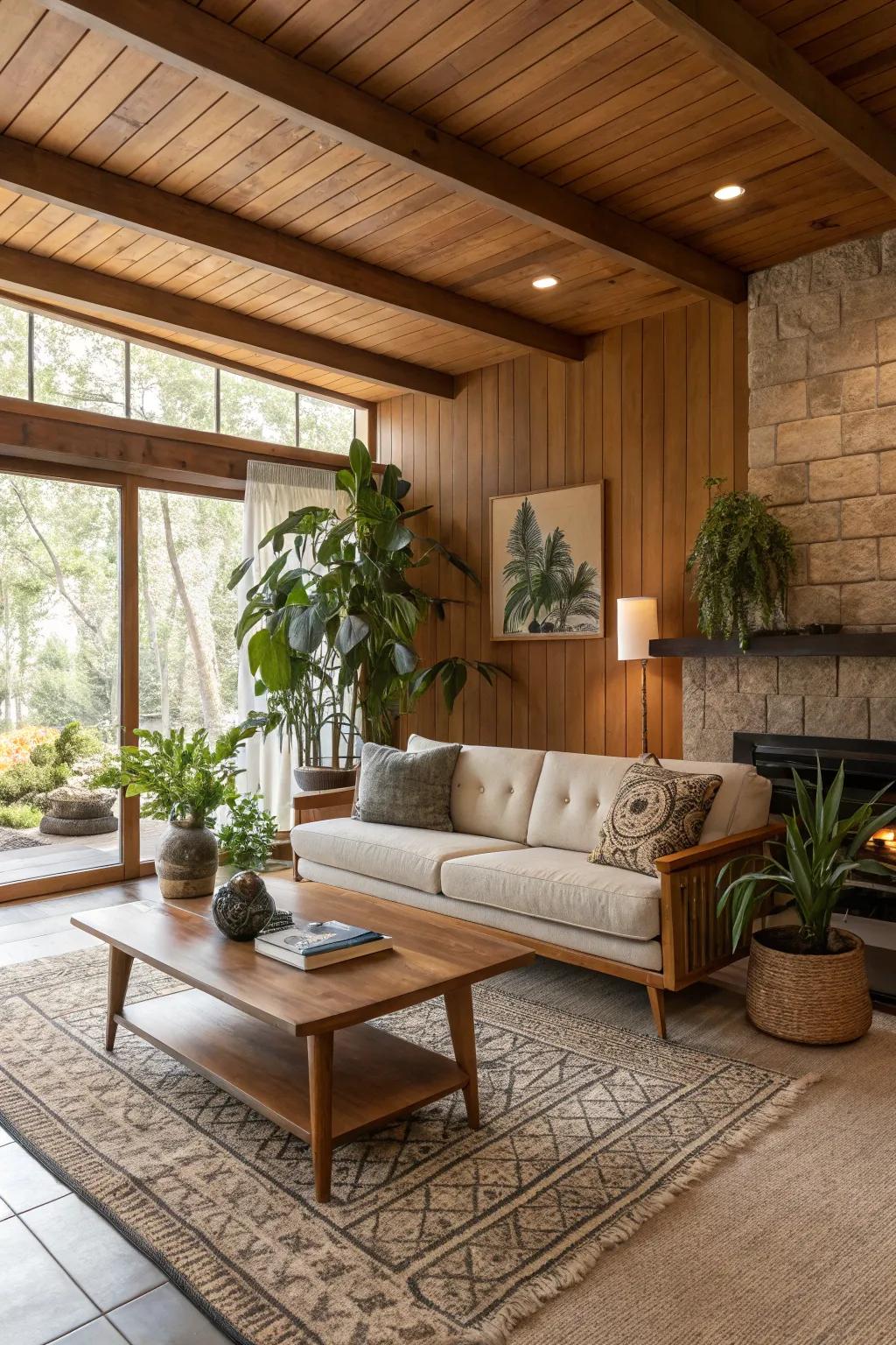 Raw wood finishes bring warmth and organic texture to this mid-century modern room.