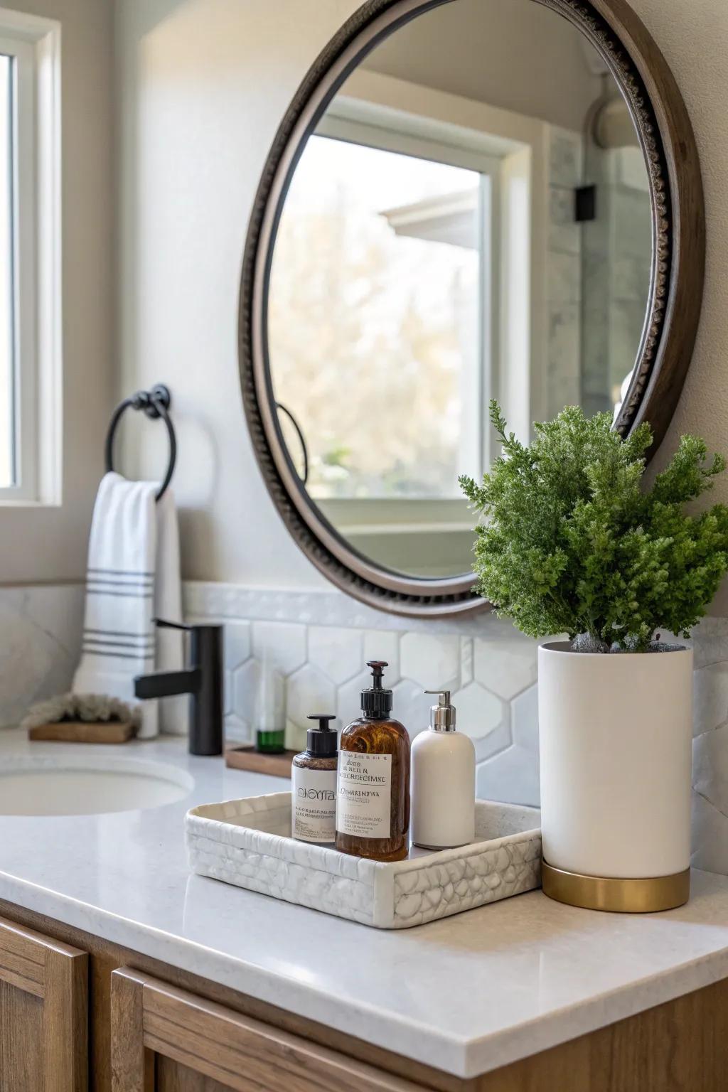 A circular reflector acts as a stylish focal point in the bathroom.