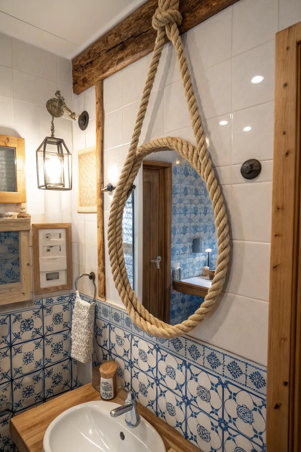 A cord-framed mirror brings a nautical feel to a bathroom.