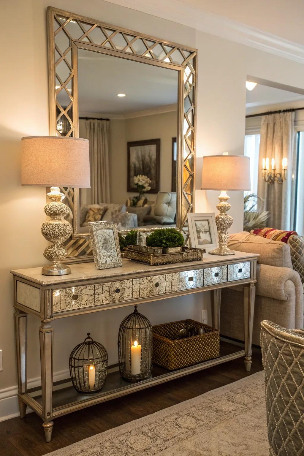 Mirrored furniture adds a touch of elegance.
