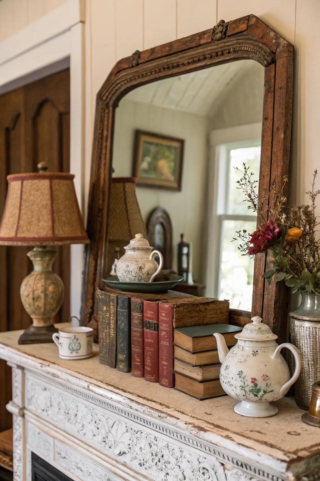 A vintage mirror complete with a shelf, ideal for infusing character into any given room.