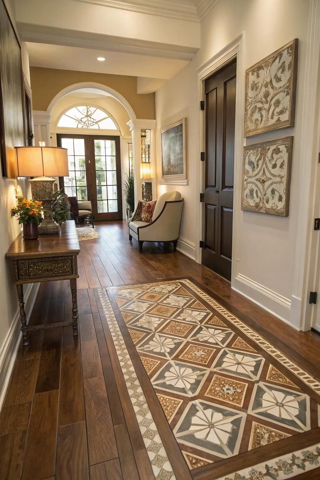 Artistic tiles and hardwood create a striking entryway presentation.
