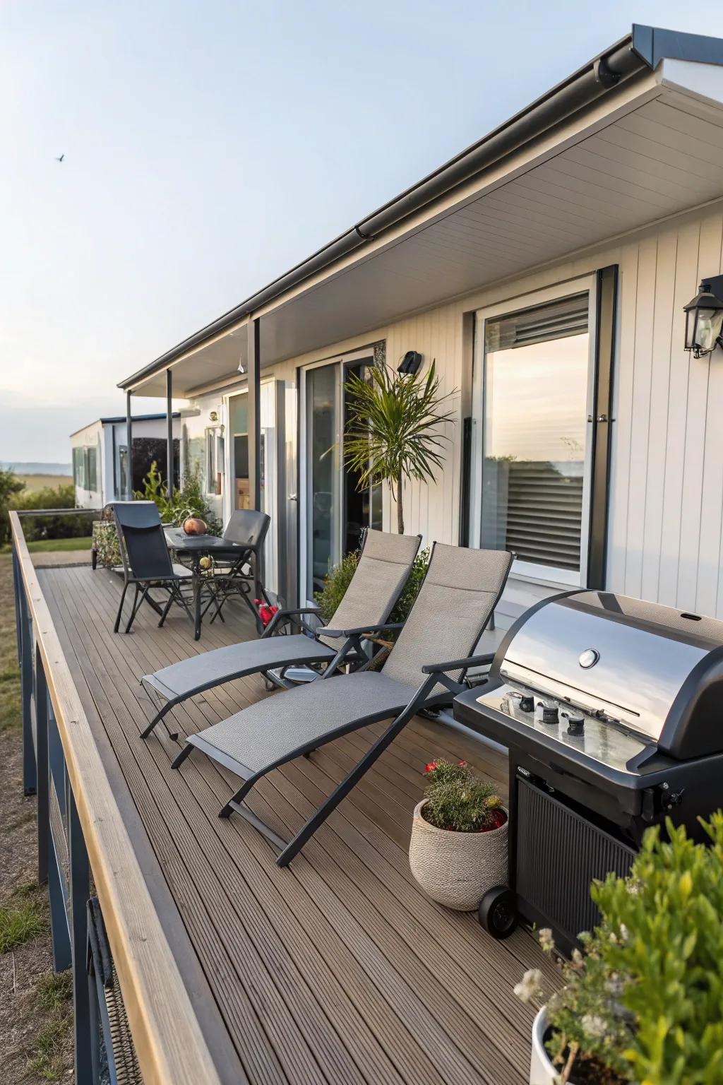 A stylish timbered outdoor space featuring reclining chairs and a barbecue cooker, suited for outdoor amusement.