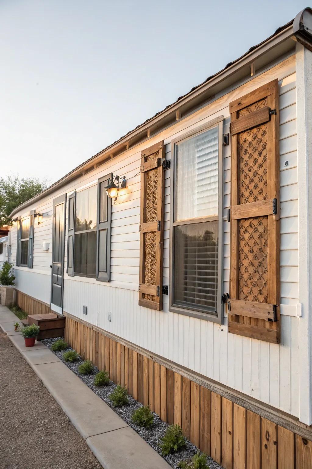 Mixed material shutters adding depth to a mobile home's facade.