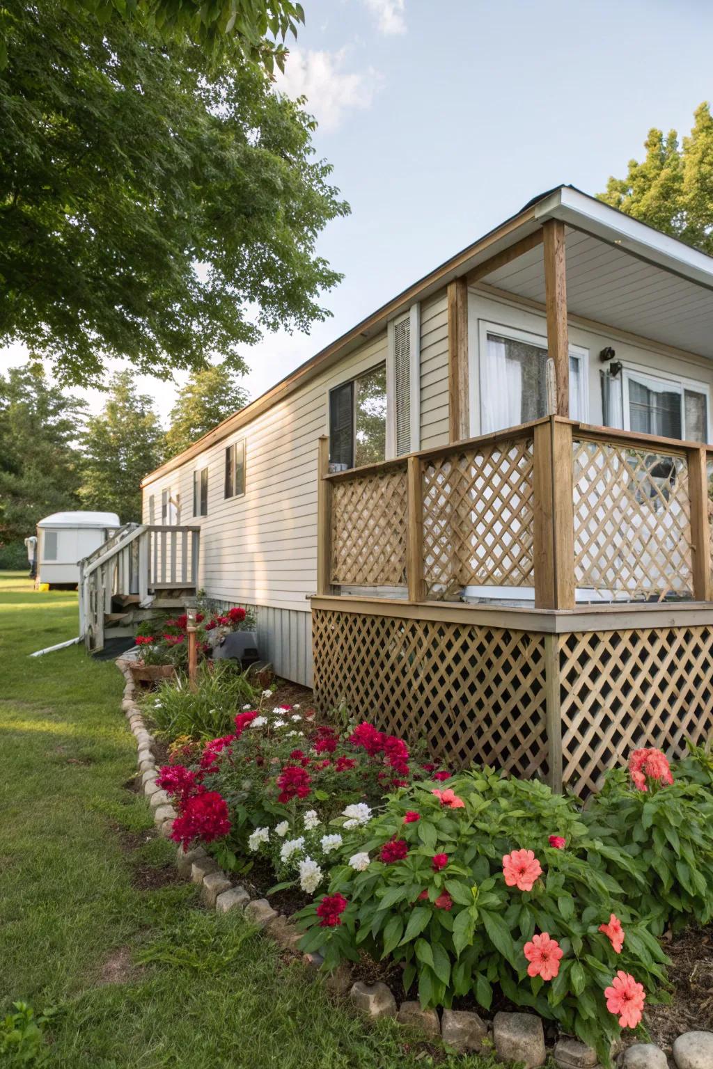 Lattice-style wood skirting merges utility with a radiant and unconfined aesthetic.
