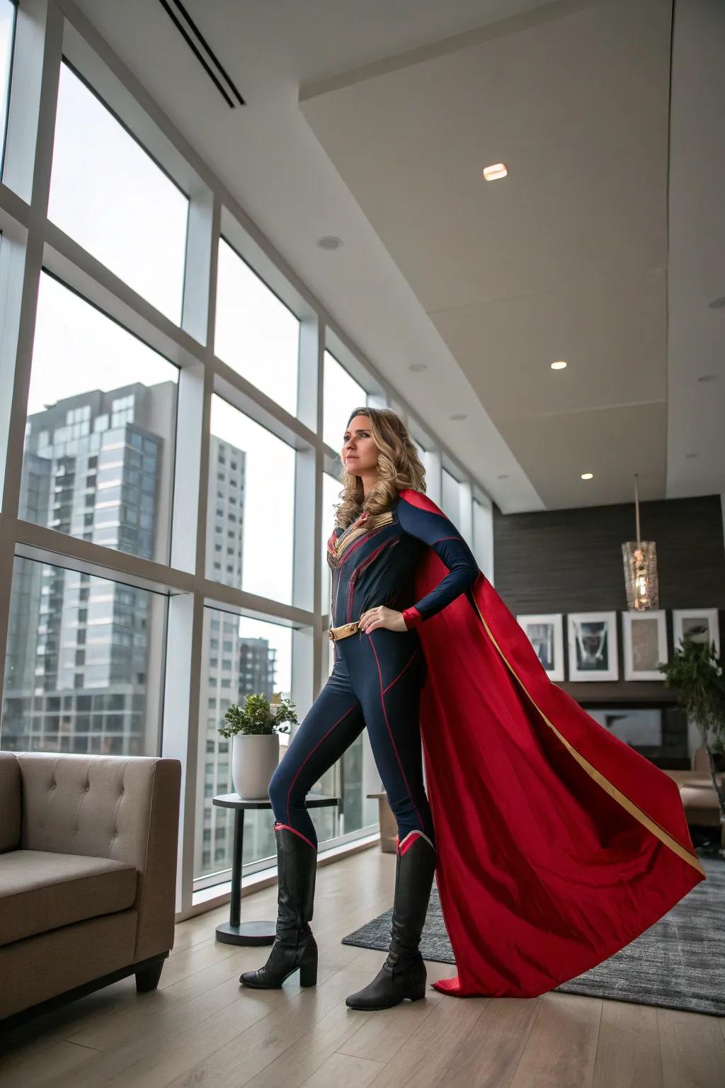 A streamlined and fashionable interpretation of a superhero ensemble.