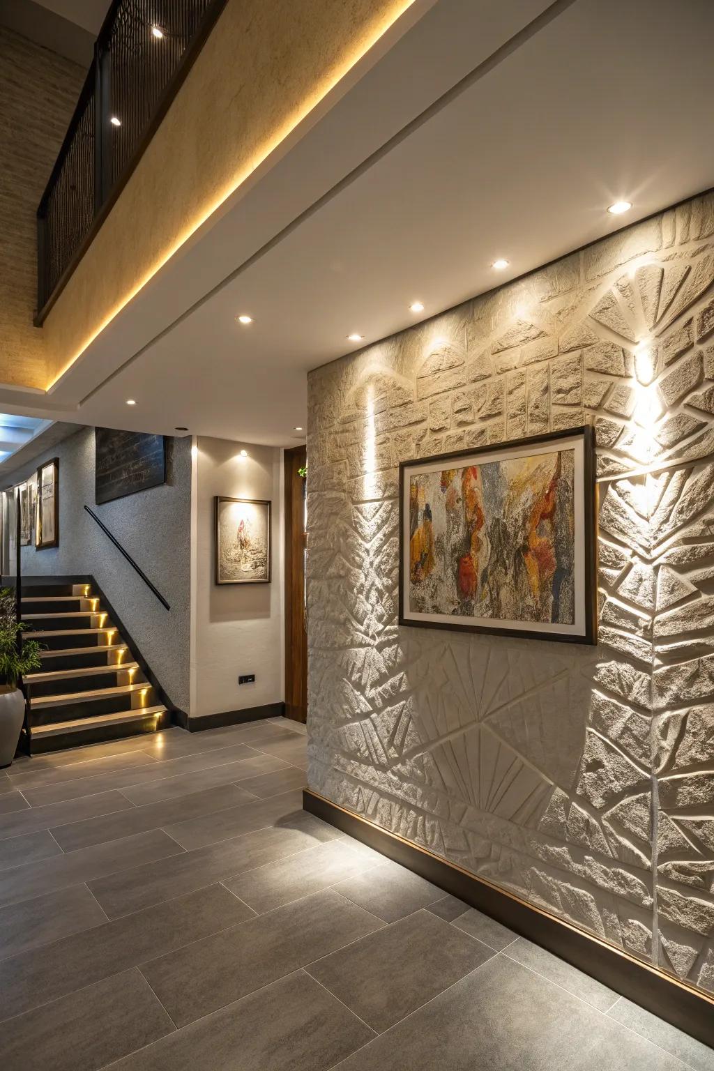 Emphasis lighting accentuates textures and artwork, enriching the basement’s visual appeal.