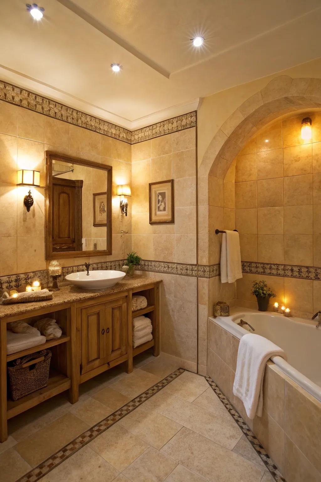 Warm lighting complements the peaceful tones of a beige bathroom.
