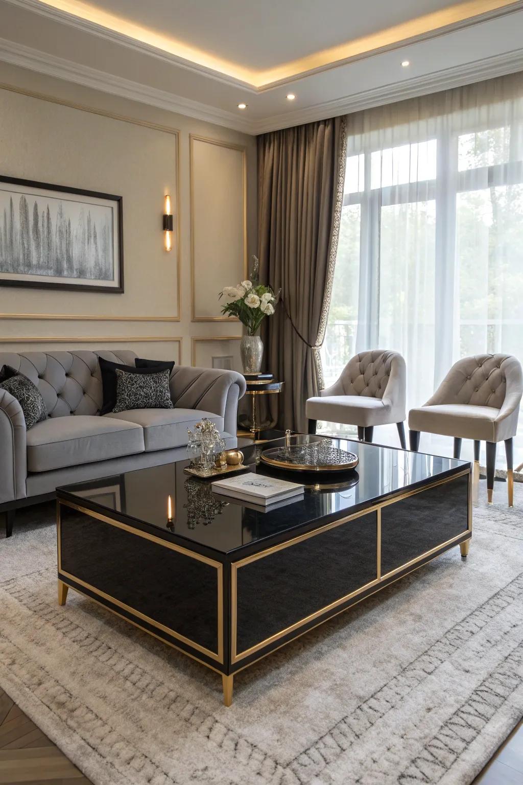 A sleek coffee table with gold trim introduces a hint of refinement.