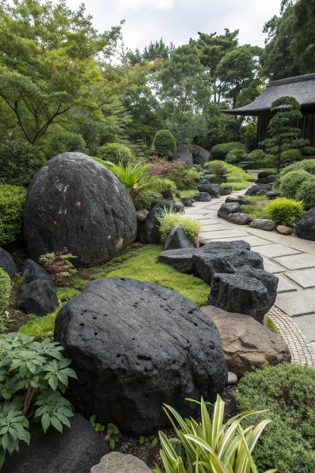 Ornamental stones acting as focal points in a setting of dark stones.